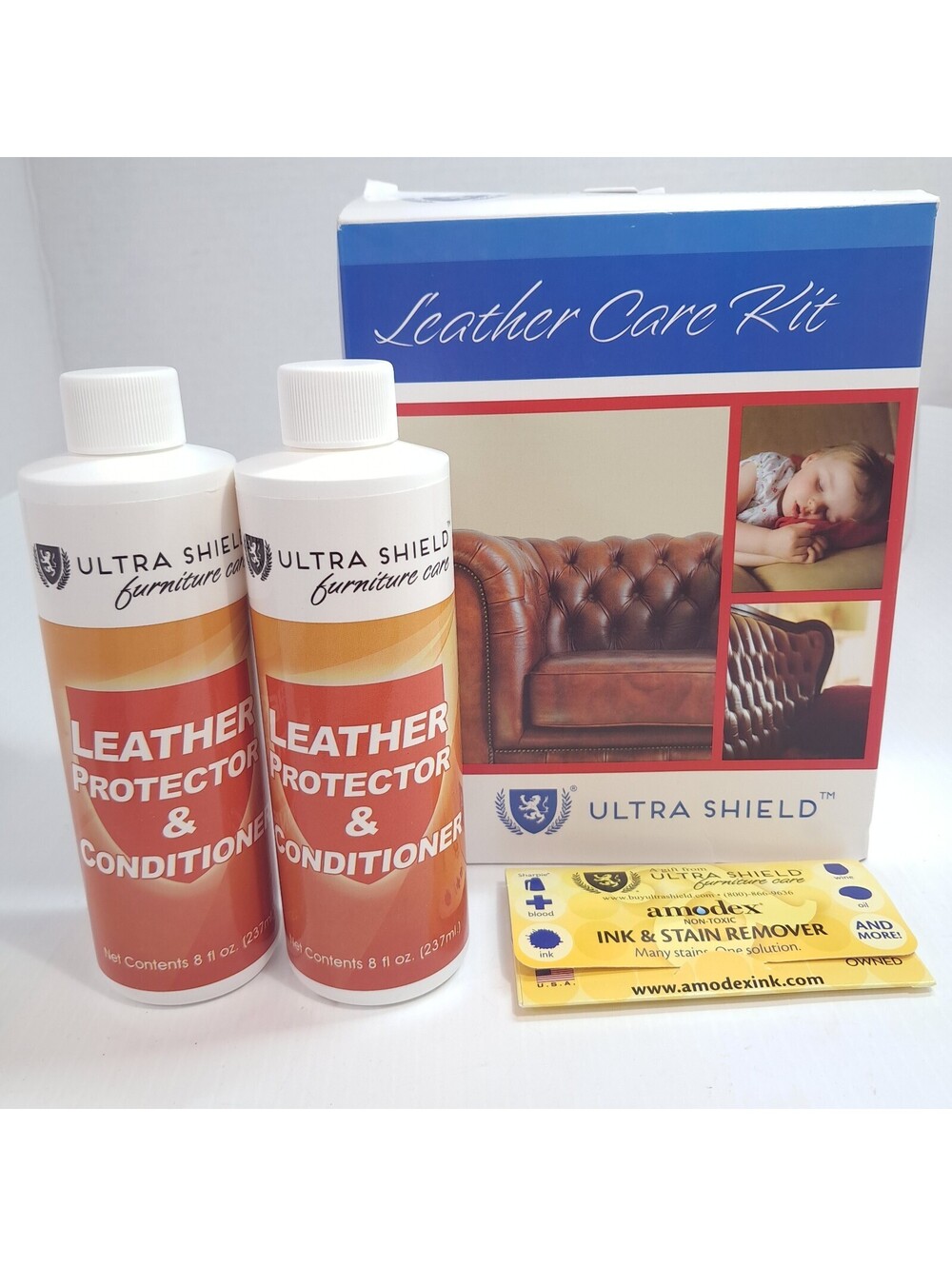 Ultra Shield Leather Care Kit Furniture Cleaner Protector Conditioner 2 bottles